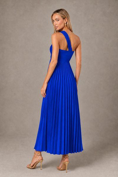 BOLODOO Royal Blue One-Shoulder Twist Knot Pleated Satin Midi Dress with Cutout - Royal Blue - Royal_Blue_2