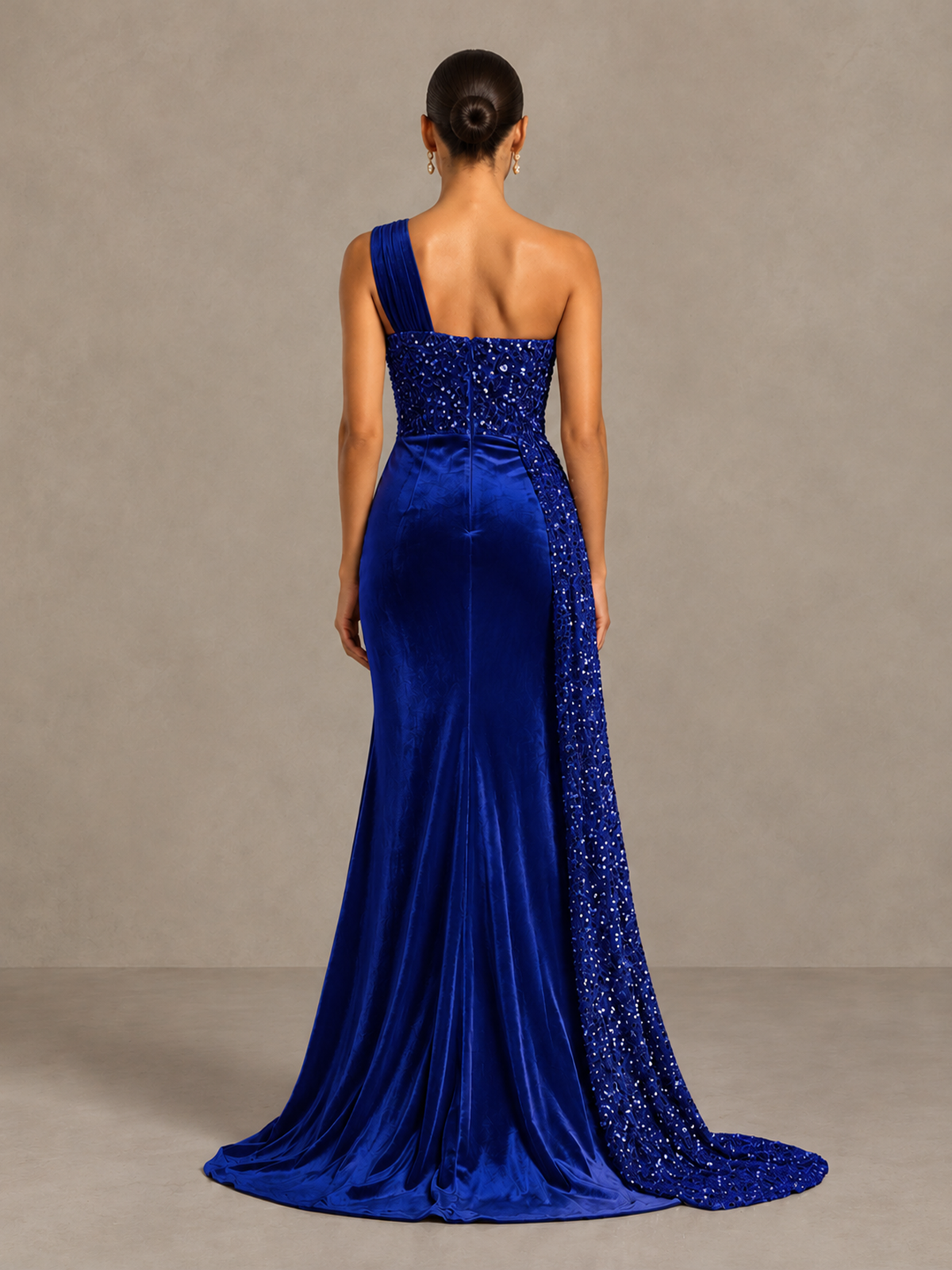 BOLODOO Royal Blue One-Shoulder Satin Sequin Gown with High Slit - Royal Blue - Royal Blue_2