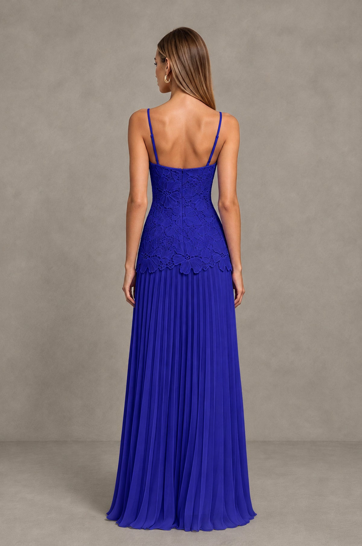 BOLODOO Royal Blue Lace Bodice Pleated Wedding Guest Dress - Royal Blue - Royal Blue_2