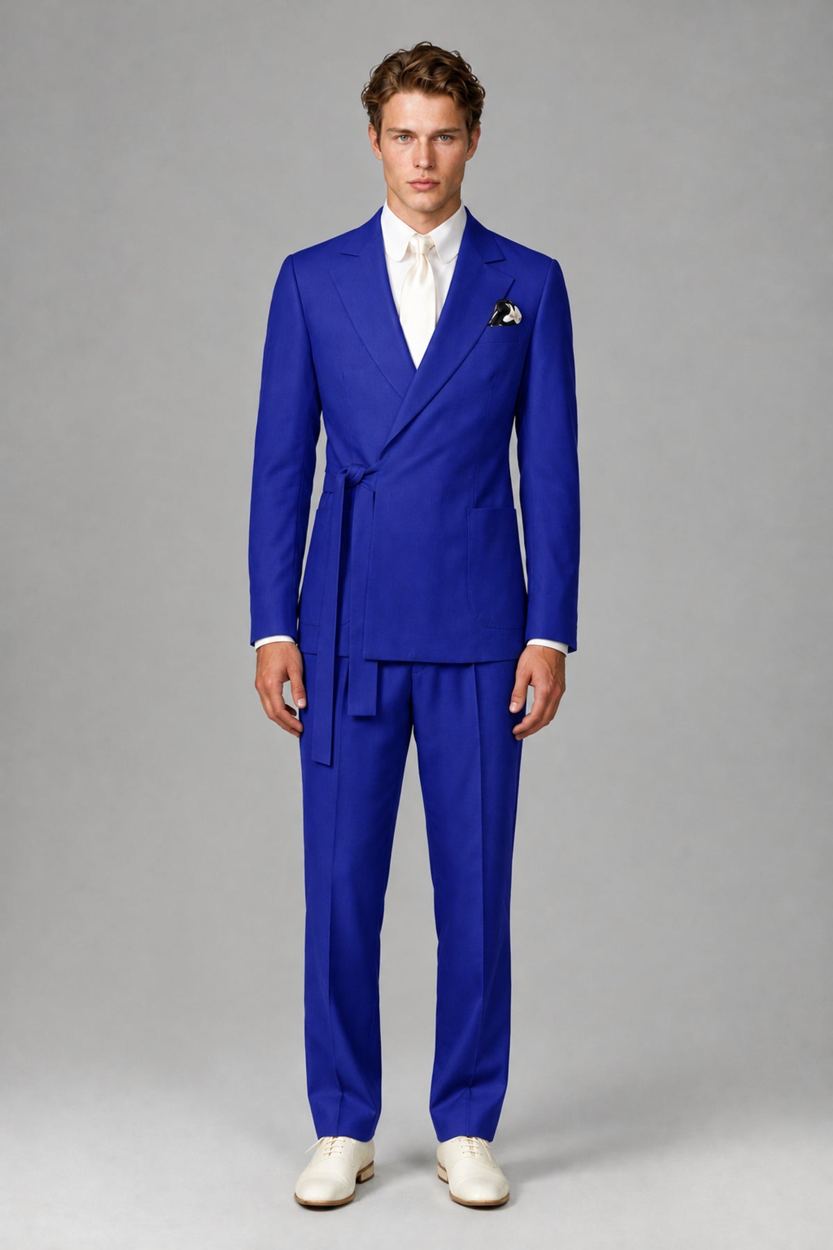 Bolodoo Men's Royal Blue Wrap Tie-Waist Two-Piece Suit – Jacket & Trousers - Royal Blue - Royal Blue_2
