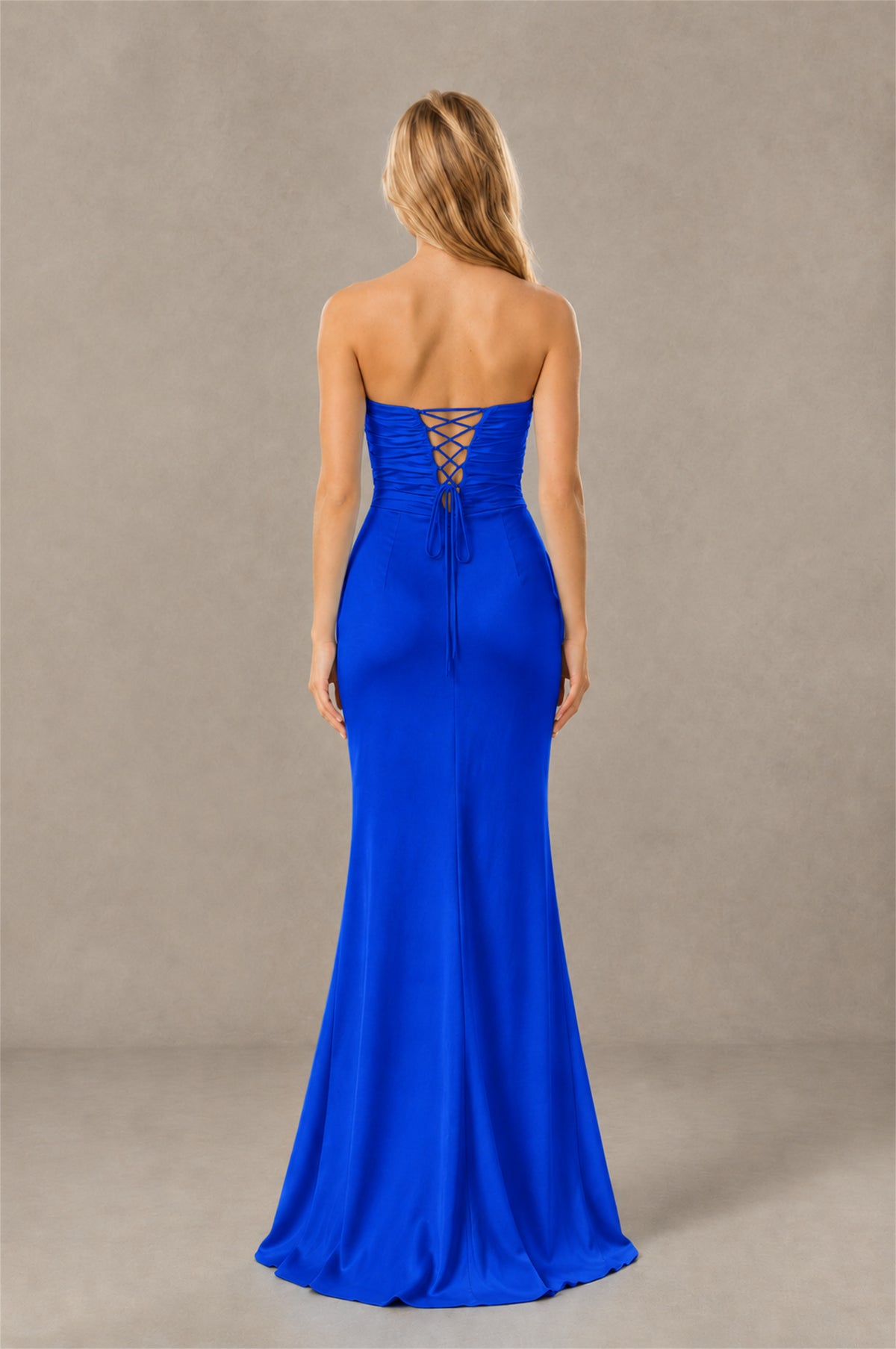 BOLODOO Royal Blue Sweetheart Strapless Twist Knot Cutout Lace-Up Back Satin Mermaid Maxi Dress - Royal Blue - Royal Blue(2)