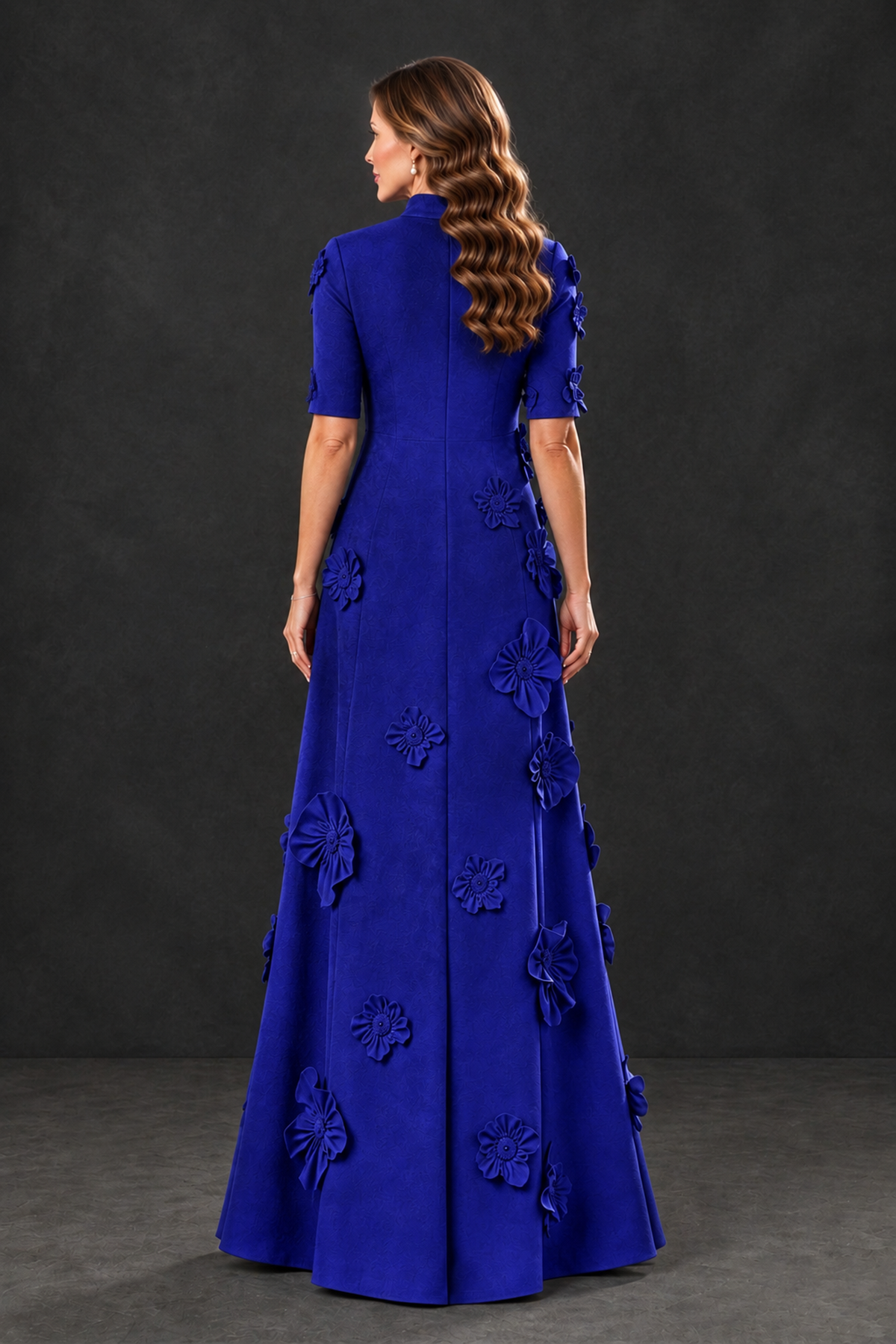 BOLODOO Royal Blue Floral Applique High-Neck Half-Sleeve Gown - Royal Blue - Royal Blue_2