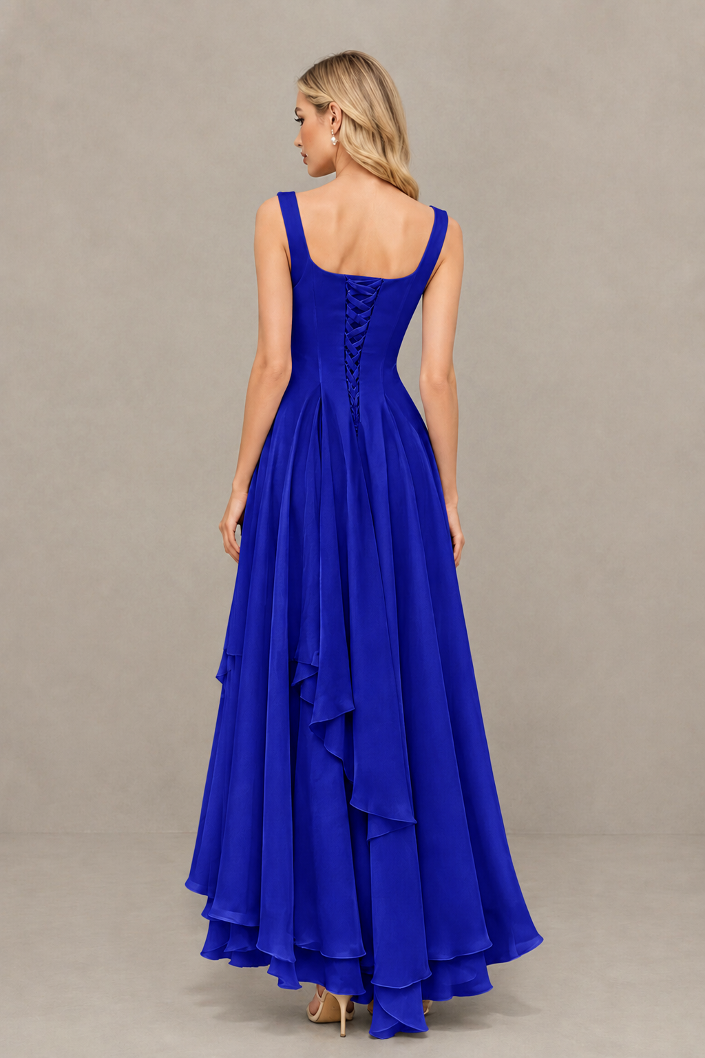 BOLODOO Royal Blue Square Neck Chiffon Bridesmaid Dress with Lace-Up Back - Royal Blue