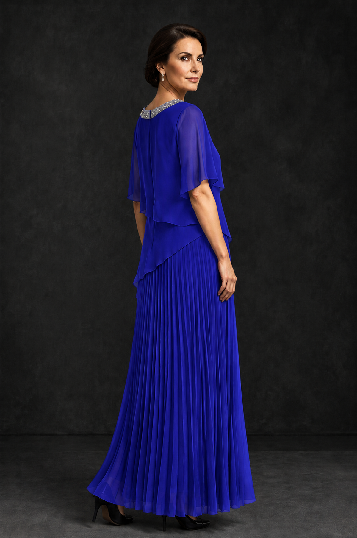 BOLODOO Royal Blue Pearl Beaded Neck Asymmetric Tiered Flutter Sleeve Pleated Chiffon Maxi Dress - Royal Blue - Royal_Blue_2