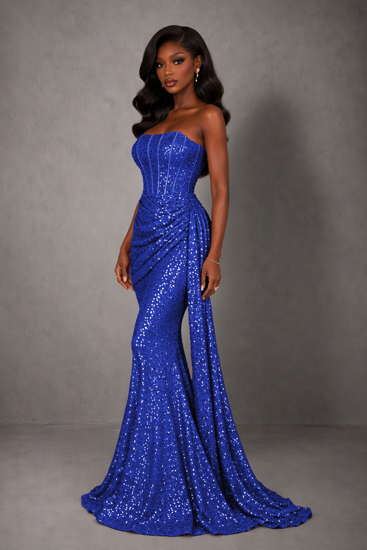 BOLODOO Royal Blue Sequin Strapless Corset Mermaid Evening Gown with Train - Royal Blue