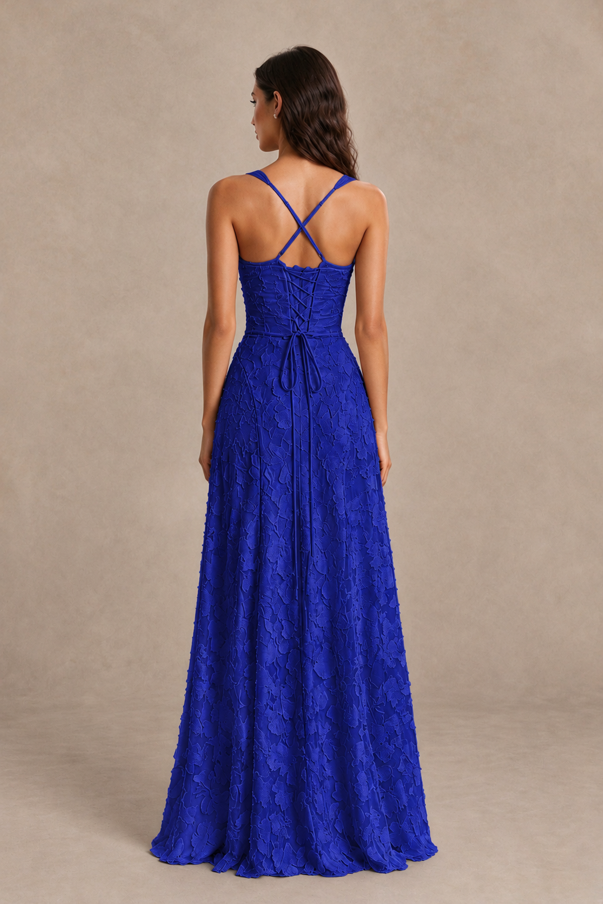 BOLODOO Royal Blue Floral-Textured A-Line Dress with Lace-Up Back - Royal Blue - Royal Blue_2