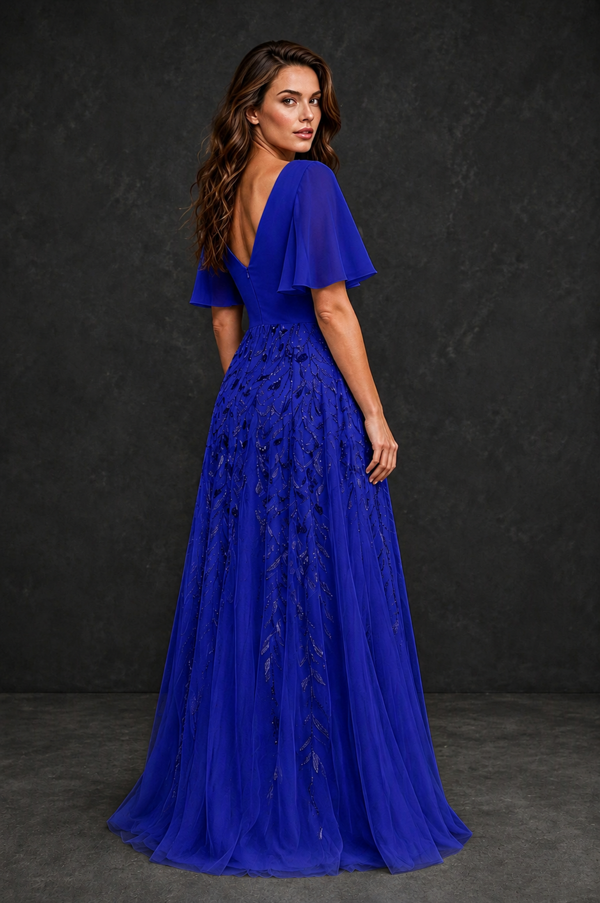 BOLODOO Royal Blue V-Neck Flutter Sleeve Beaded Botanical Tulle A-Line Gown | Mother of the Bride Evening Dress - Royal Blue - Royal Blue_2