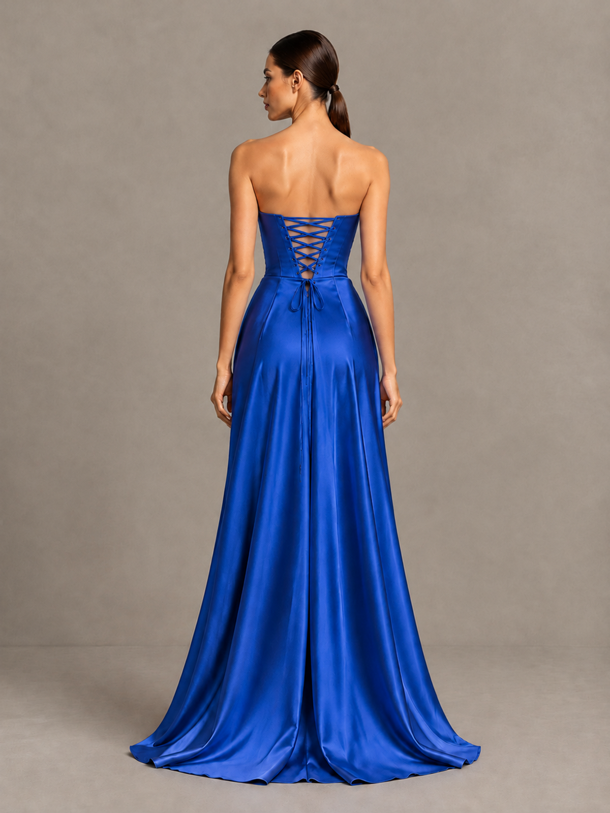 BOLODOO Royal Blue Strapless Satin High-Slit Lace-Up Prom Dress - Royal Blue - Royal Blue_2