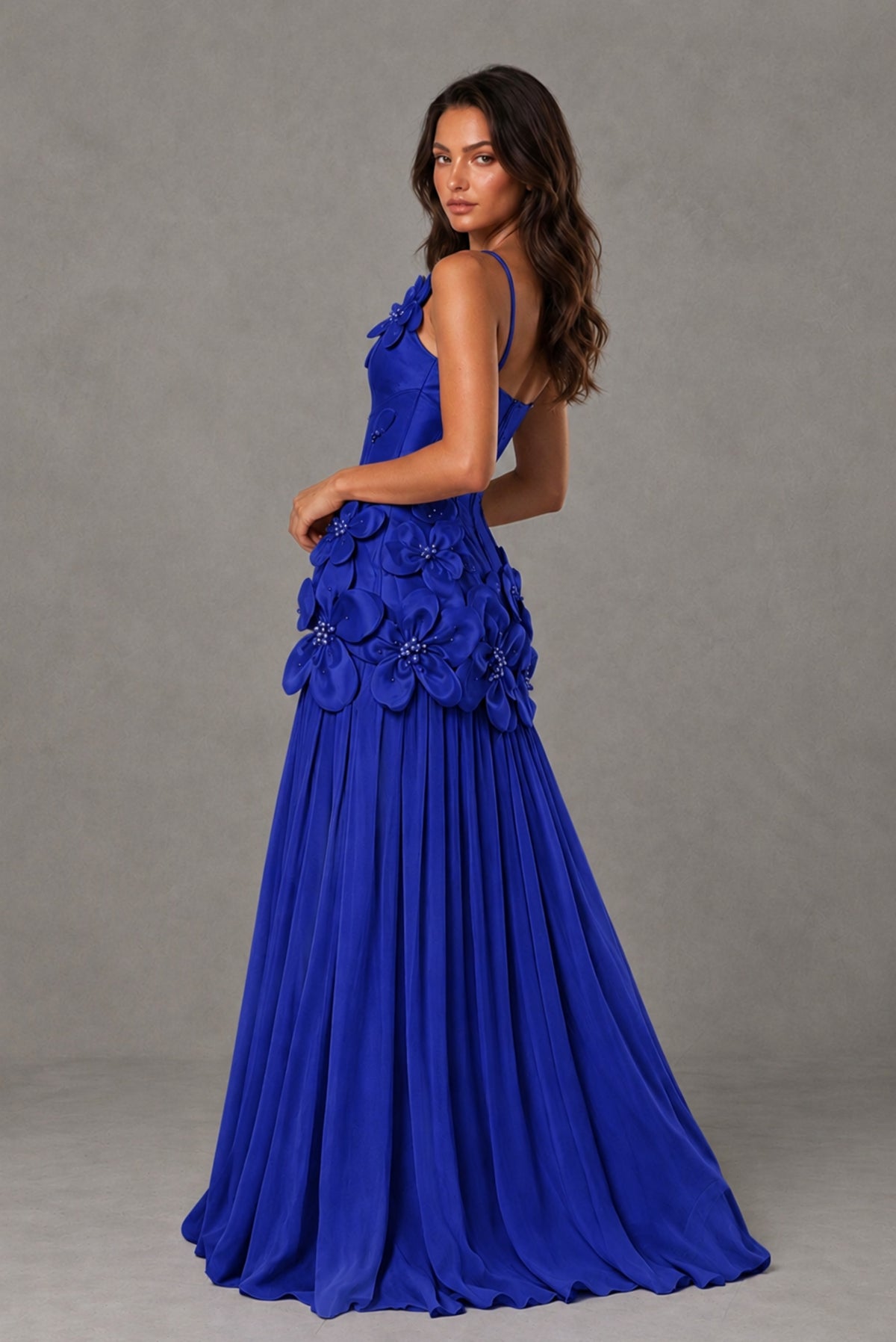 BOLODOO Royal Blue 3D Floral Appliqué Floor-Length A-Line Evening Gown - Royal Blue