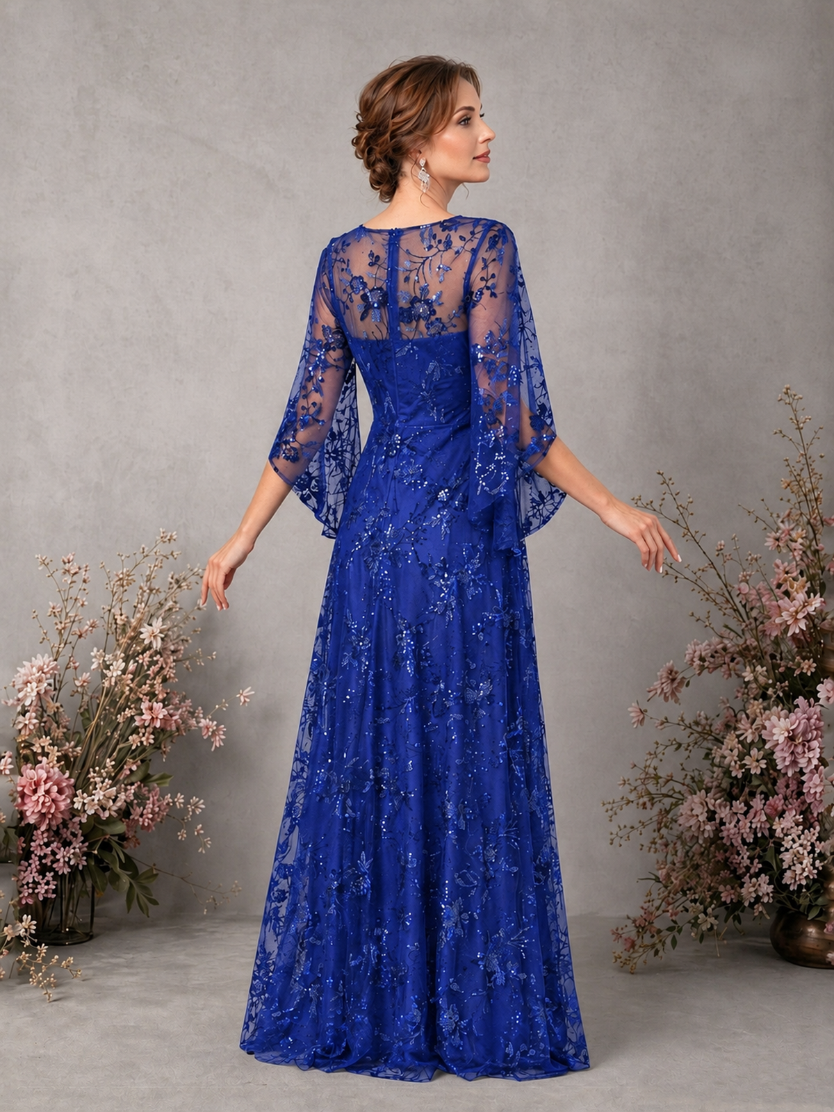 BOLODOO Royal Blue Sequin Lace Cape Sleeve Formal Evening Gown - Royal Blue - Royal Blue_2