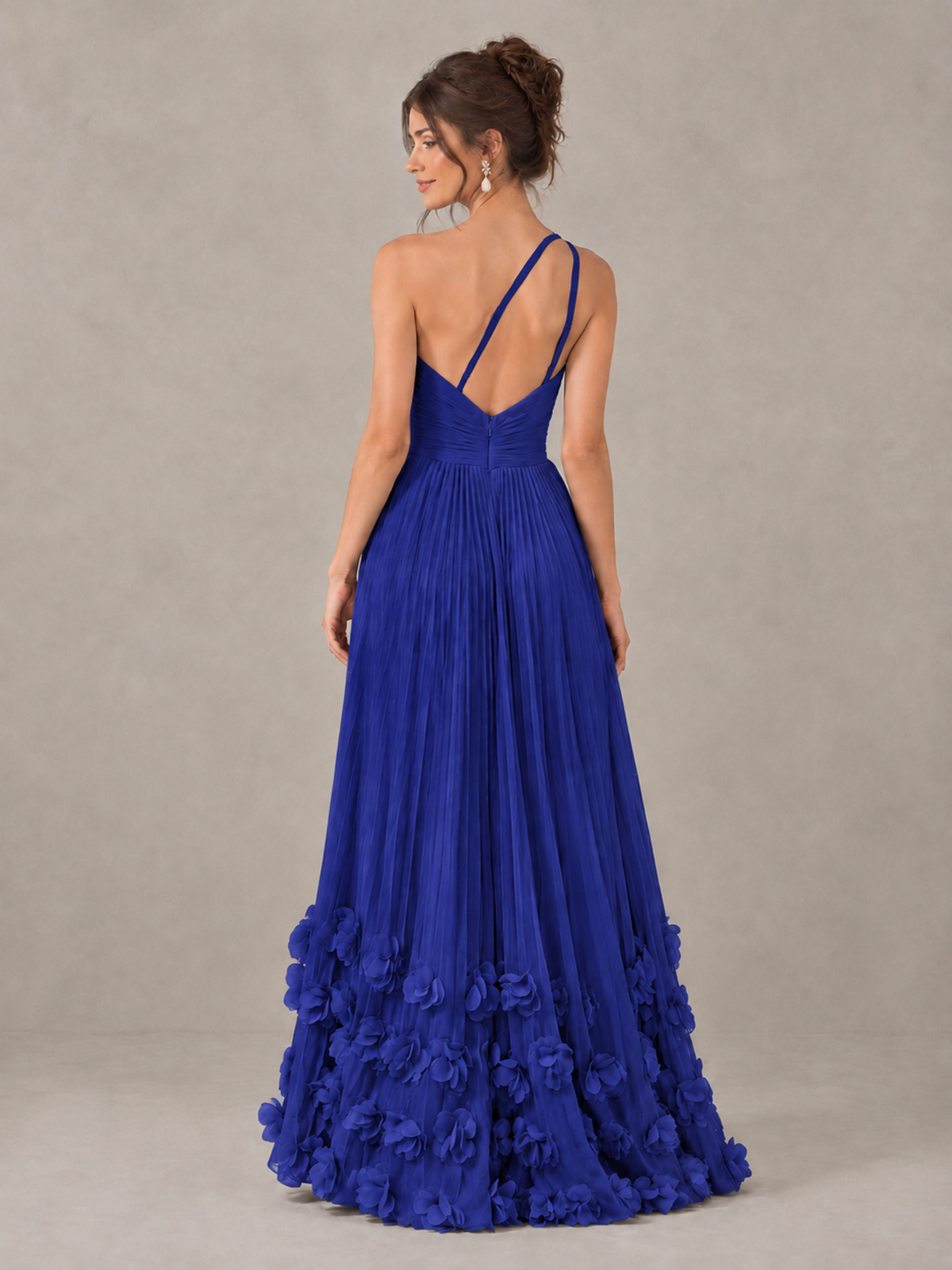 BOLODOO Royal Blue One-Shoulder Pleated Bridesmaid Dress with 3D Floral Hem - Royal Blue - Royal Blue_2