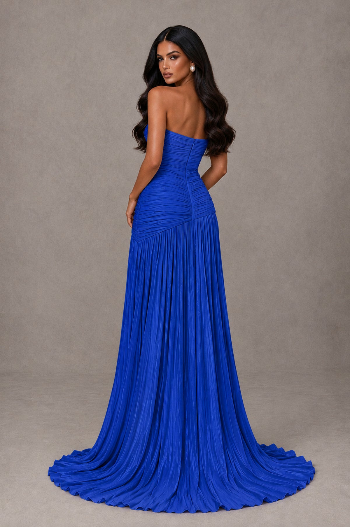 BOLODOO Royal Blue Metallic Ruched Strapless Pleated A-Line Backless Maxi Dress with Train - Royal Blue - Royal Blue_2