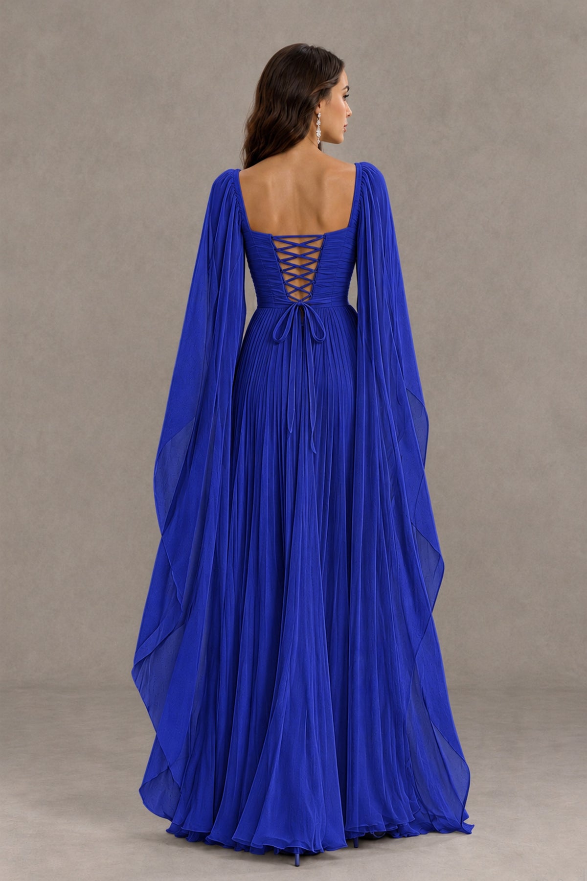 BOLODOO Royal Blue Square Neck Cape Sleeve A-Line Evening Dress - Royal Blue - Royal_Blue_2