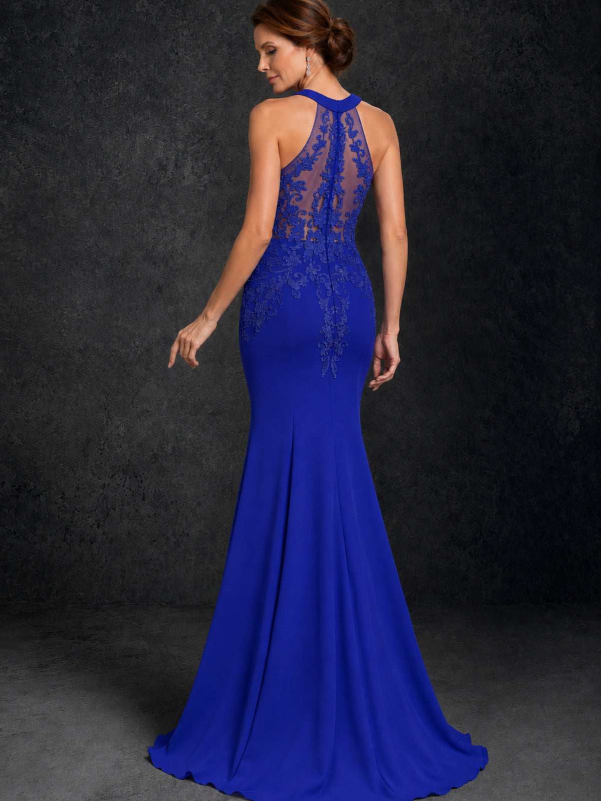 BOLODOO Royal Blue Lace Applique Halter Neck Sheer Back Mermaid Maxi Dress with Sweep Train - Royal Blue
