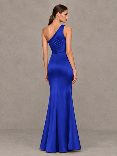 BOLODOO Royal Blue One-Shoulder Ruched Satin-Look Evening Gown with High Slit - Royal Blue - Royal Blue_2