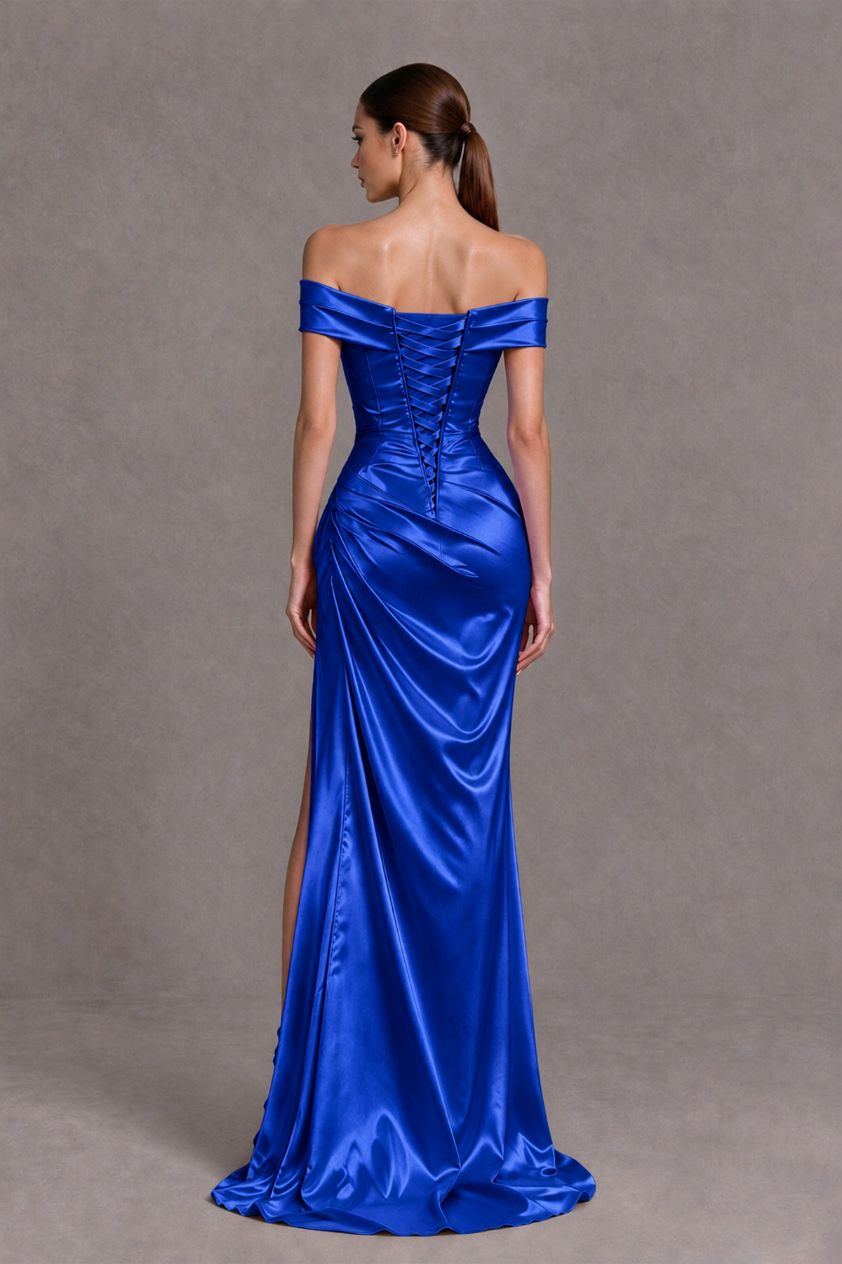 BOLODOO Royal Blue Off-the-Shoulder Ruched Satin Prom & Evening Dress with High Slit - Royal Blue - Royal Blue_2