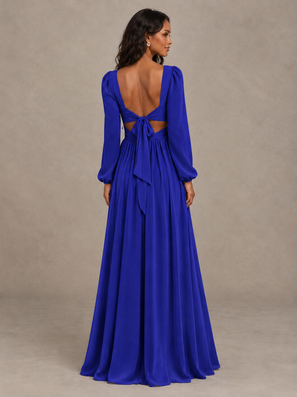 BOLODOO Royal Blue V-Neck Long Sleeve Bridesmaid Dress with Tie Back and Slit - Royal Blue - Royal Blue_2