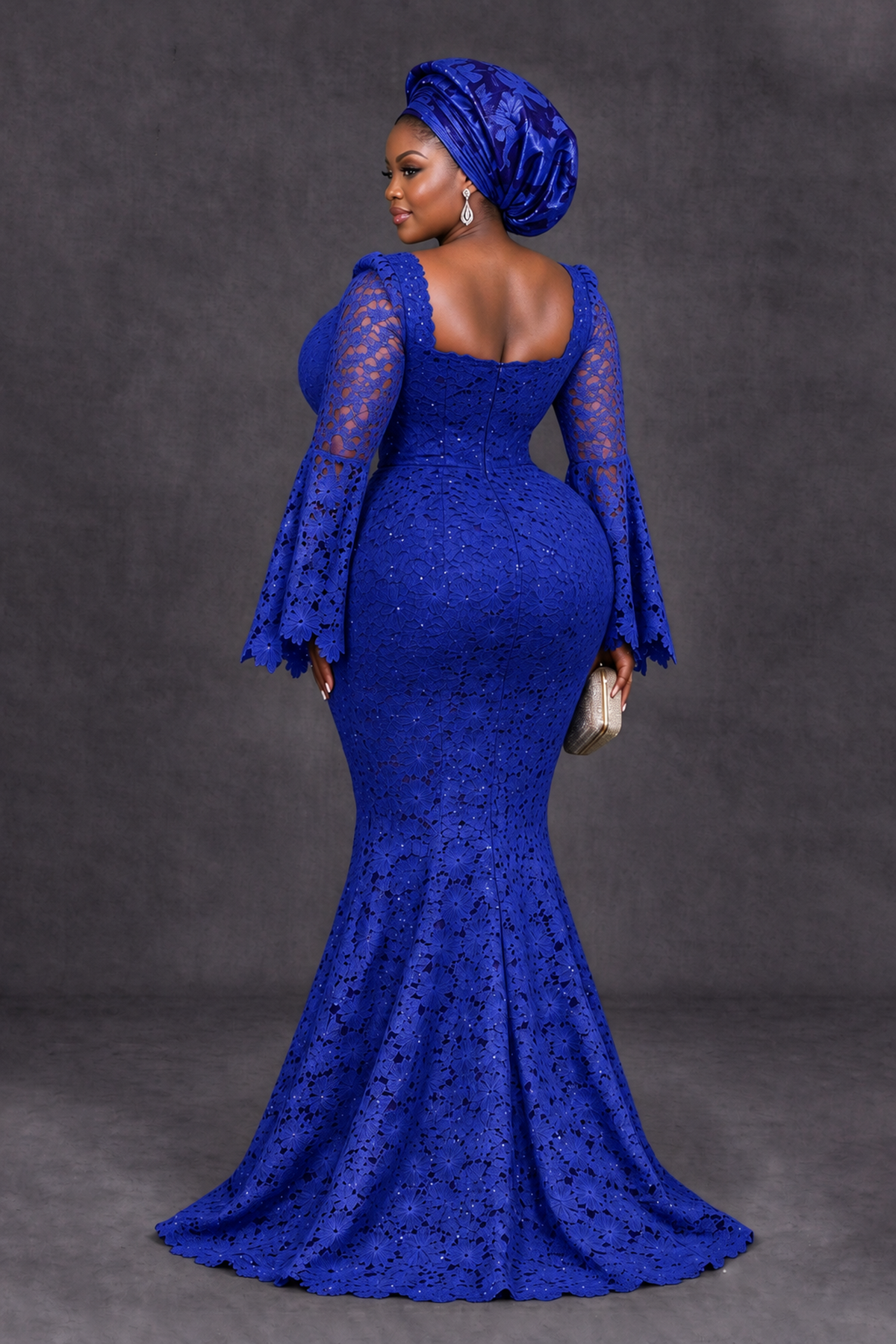 BOLODOO Royal Blue African Lace Mermaid Dress, Plus Size Nigerian Wedding Guest Gown with Bell Sleeves - Royal Blue - Royal Blue_2