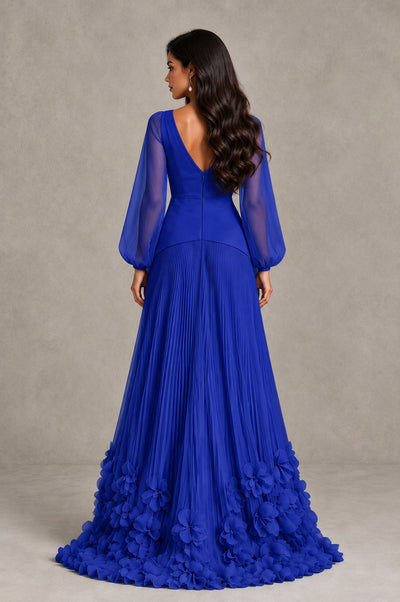 BOLODOO Royal Blue V-Neck Long Sleeve Pleated Floral Hem Evening Dress - Royal Blue - Royal Blue_2