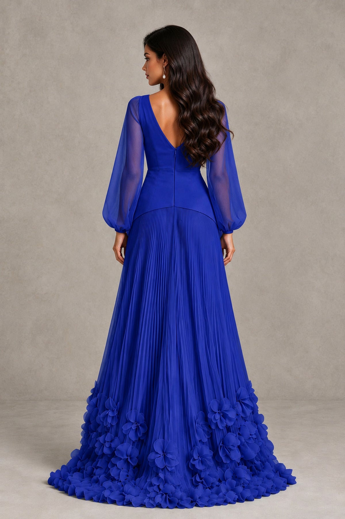 BOLODOO Royal Blue V-Neck Long Sleeve Pleated Floral Hem Evening Dress - Royal Blue - Royal Blue_2