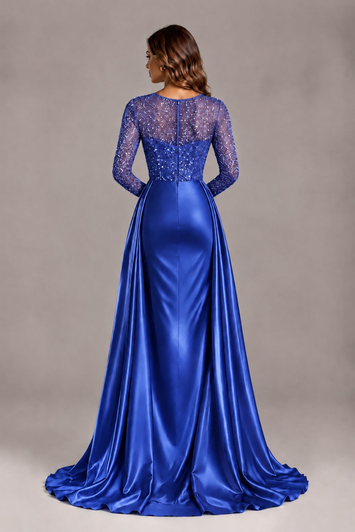 BOLODOO Royal Blue Long Sleeve Embellished Satin Evening Gown with Sweep Train - Royal Blue - Royal Blue_2
