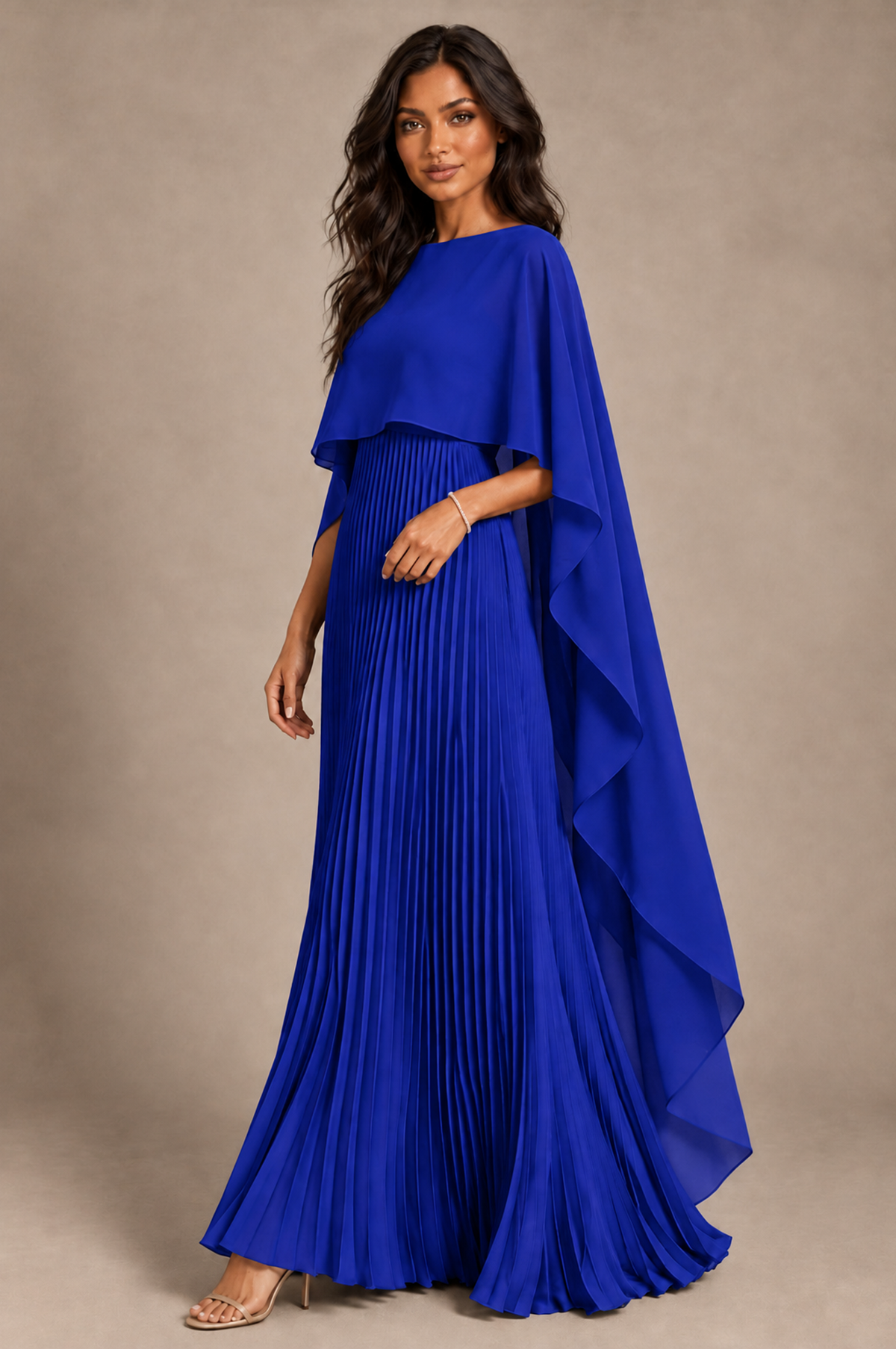 BOLODOO Royal Blue Pleated Cape A-Line Evening Dress - Royal Blue - Royal_Blue_2