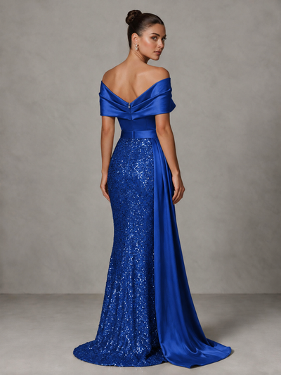 BOLODOO Royal Blue Sequin Mermaid Evening Dress with Off-Shoulder Satin Drape and Sweep Train - Royal Blue - Royal Blue_2