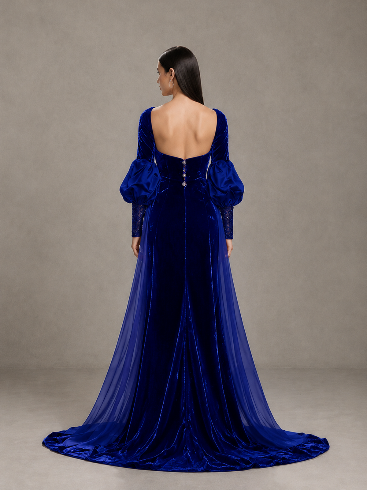 BOLODOO Royal Blue Velvet Long Sleeve Open-Back Evening Gown - Royal Blue - Royal Blue_2