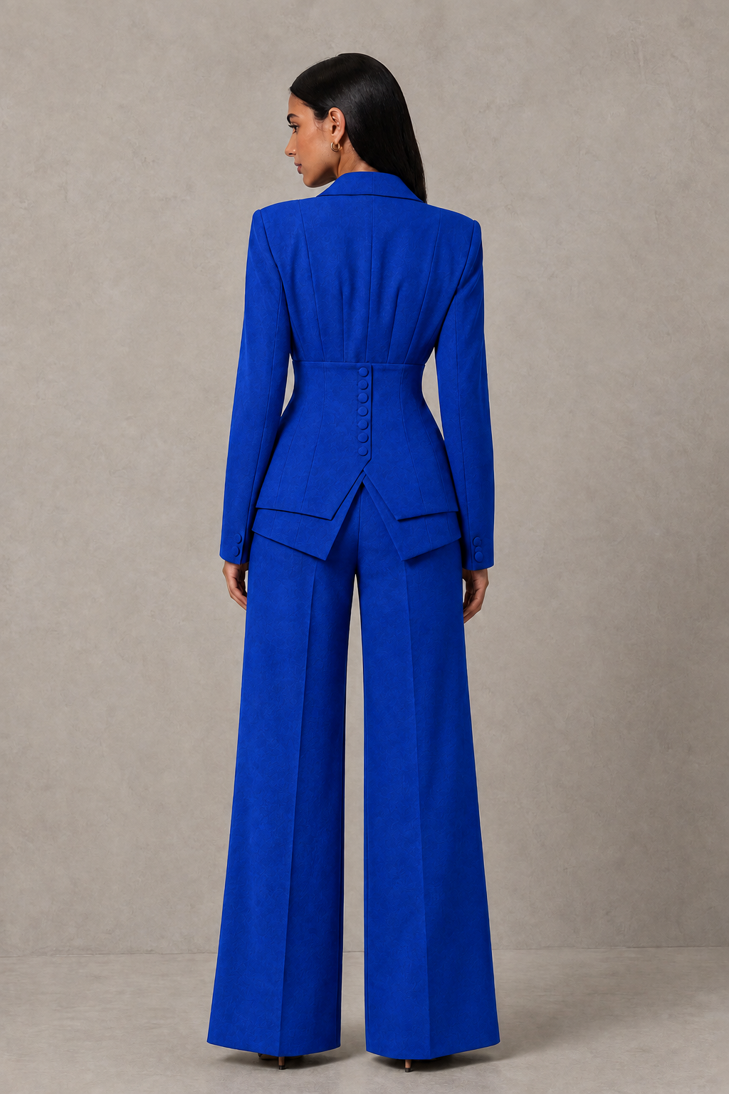 BOLODOO Royal Blue Cinched Waist Blazer and Wide Leg Pants Two Piece Suit Set - Royal Blue