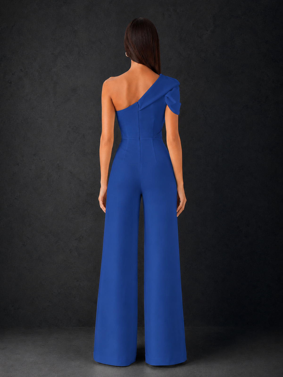 BOLODOO Royal Blue One-Shoulder Puff Sleeve Wide-Leg Jumpsuit with Front Slit and Open Back - Royal Blue