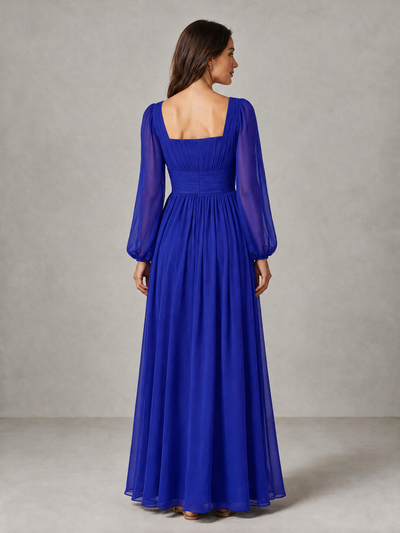 BOLODOO Royal Blue Square Neck Long Sleeve Chiffon Bridesmaid Dress - Royal Blue - Royal Blue_2