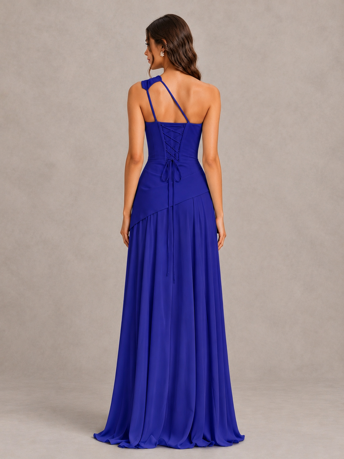 BOLODOO Royal Blue One-Shoulder Lace-Up Back Bridesmaid Dress - Royal Blue - Royal Blue_2