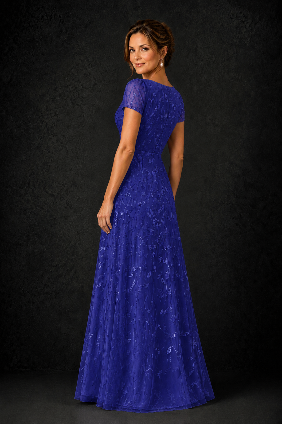 BOLODOO Royal Blue Leaf Embroidered A-Line Formal Gown with Cap Sleeves - Royal Blue - Royal_Blue_2