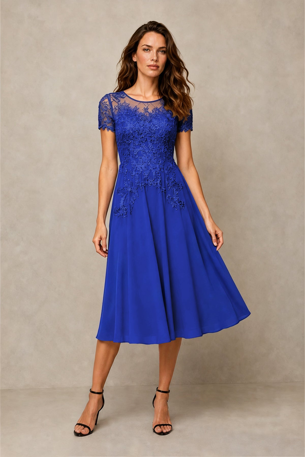 BOLODOO Steel Royal Blue Beaded Lace Illusion Bodice Chiffon Tea-Length Dress | Mother of the Bride & Cocktail Party - Royal Blue