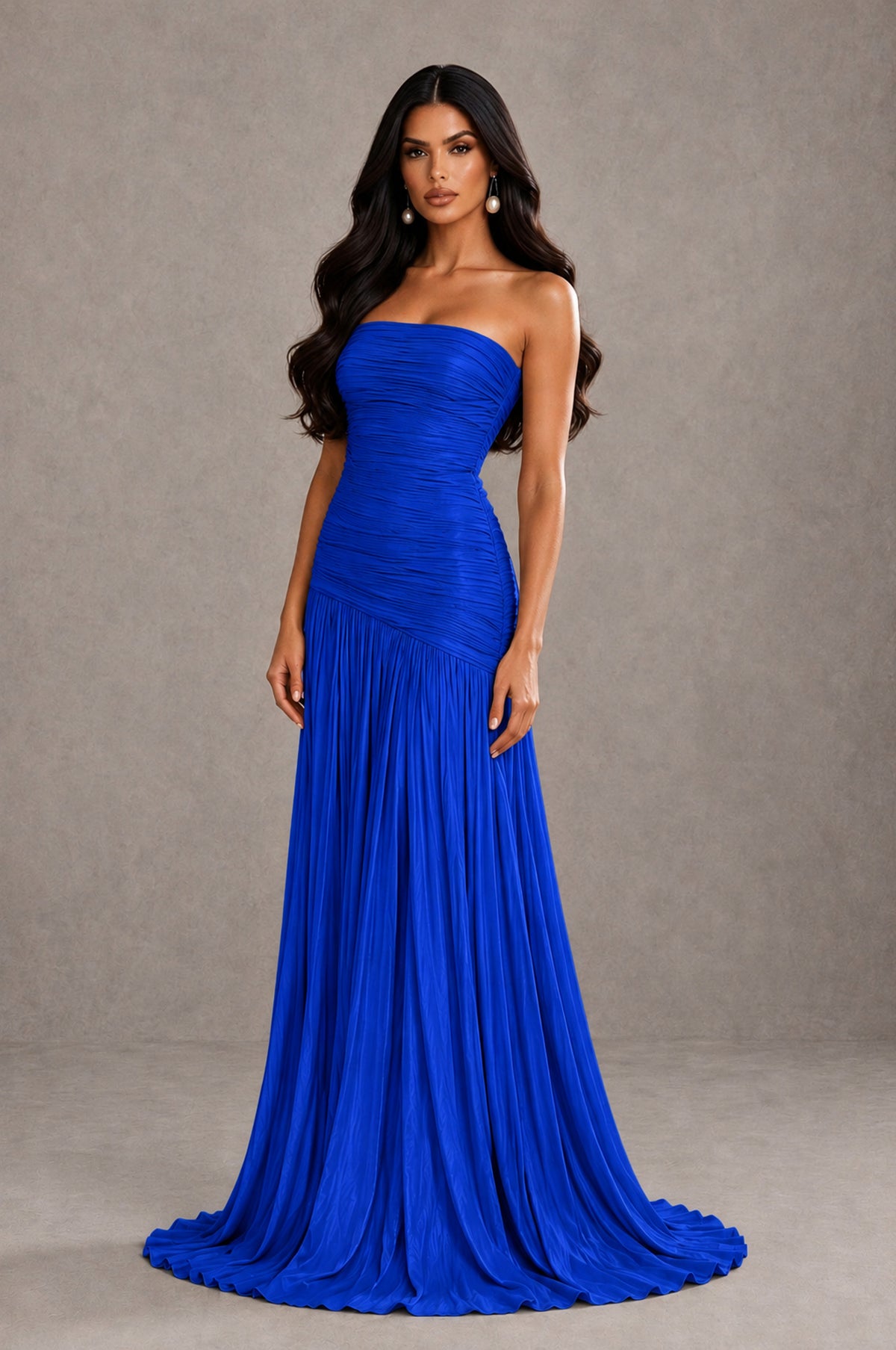 BOLODOO Royal Blue Metallic Ruched Strapless Pleated A-Line Backless Maxi Dress with Train - Royal Blue - Royal Blue_3