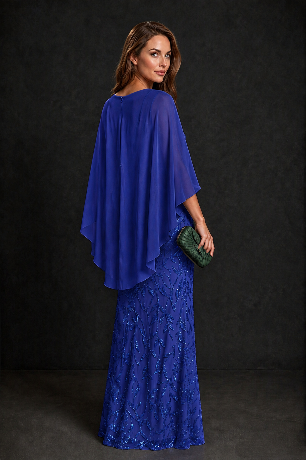 BOLODOO Royal Blue Round Neck Chiffon Cape Overlay Sequin Lace Mermaid Maxi Dress - Royal Blue - Royal Blue_3