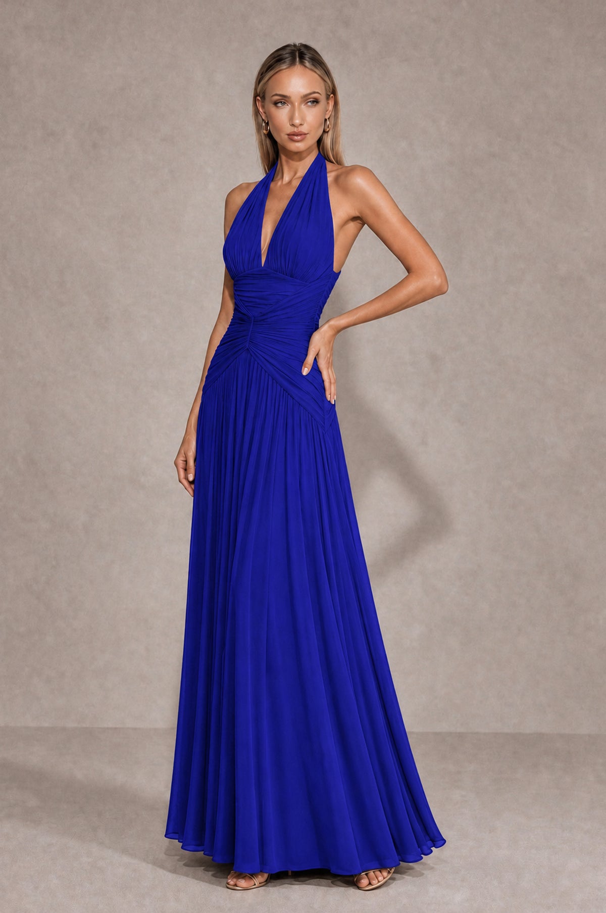BOLODOO Royal Blue Chiffon Halter Deep V-Neck Ruched A-Line Backless Maxi Dress with Train-BD0167 - Royal Blue - Royal Blue_3