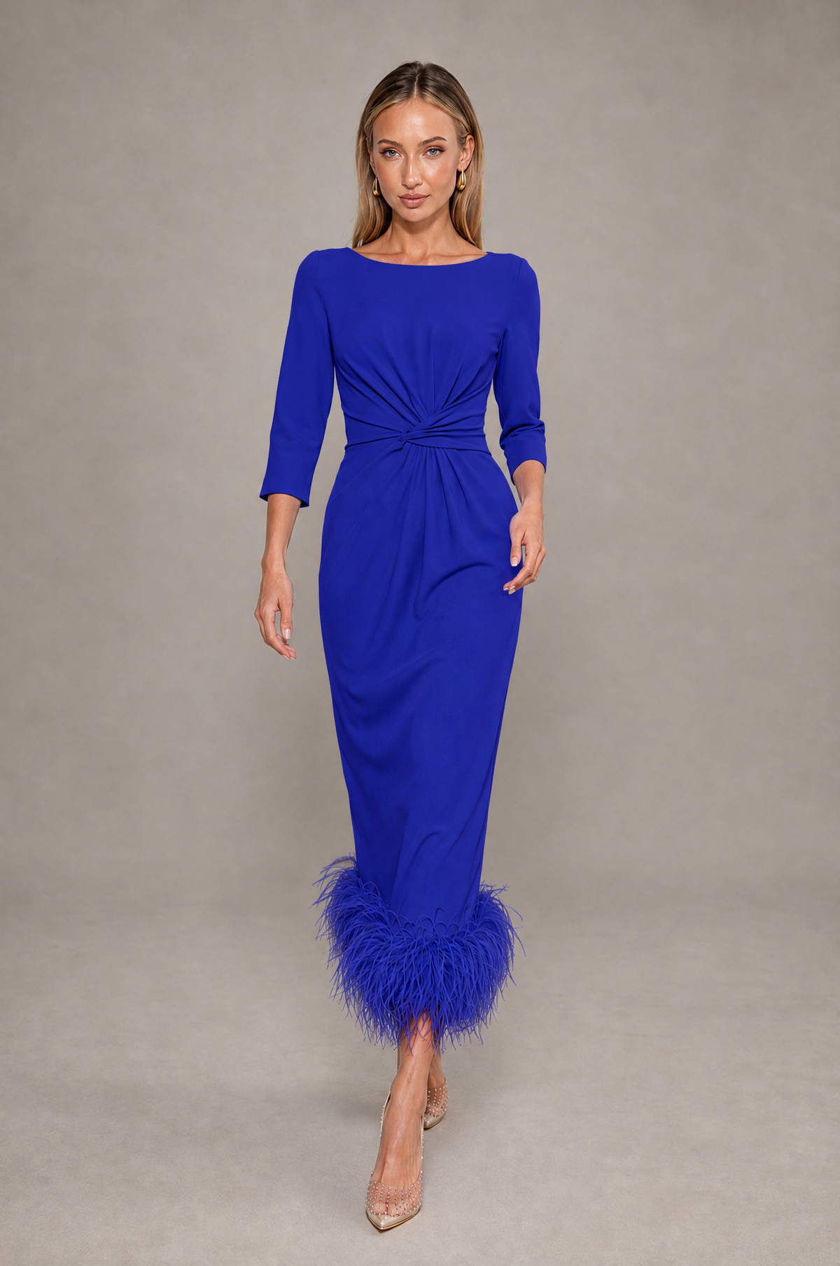 BOLODOO Royal Blue Feather-Trim Twist-Waist Midi Dress - Royal Blue - Royal_Blue_3