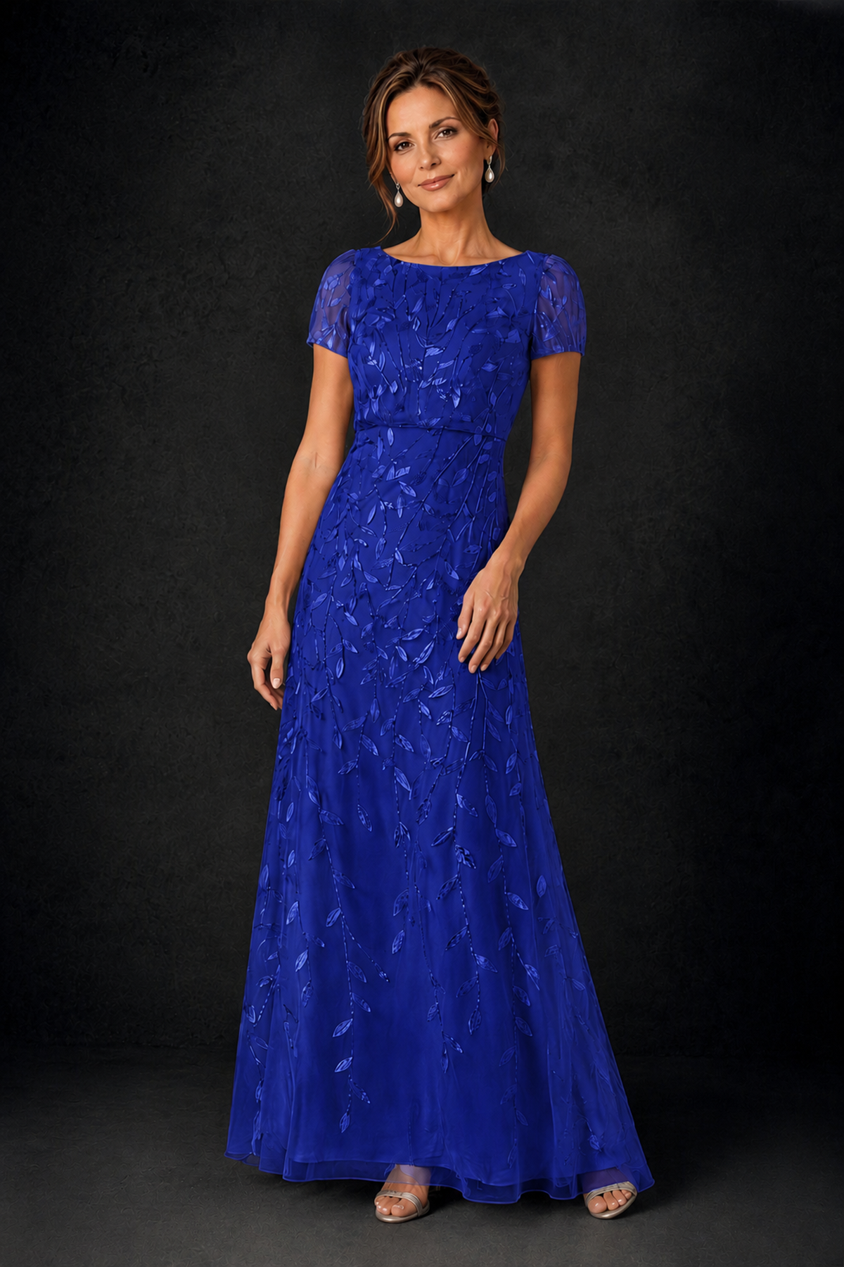 BOLODOO Royal Blue Leaf Embroidered A-Line Formal Gown with Cap Sleeves - Royal Blue - Royal_Blue_3