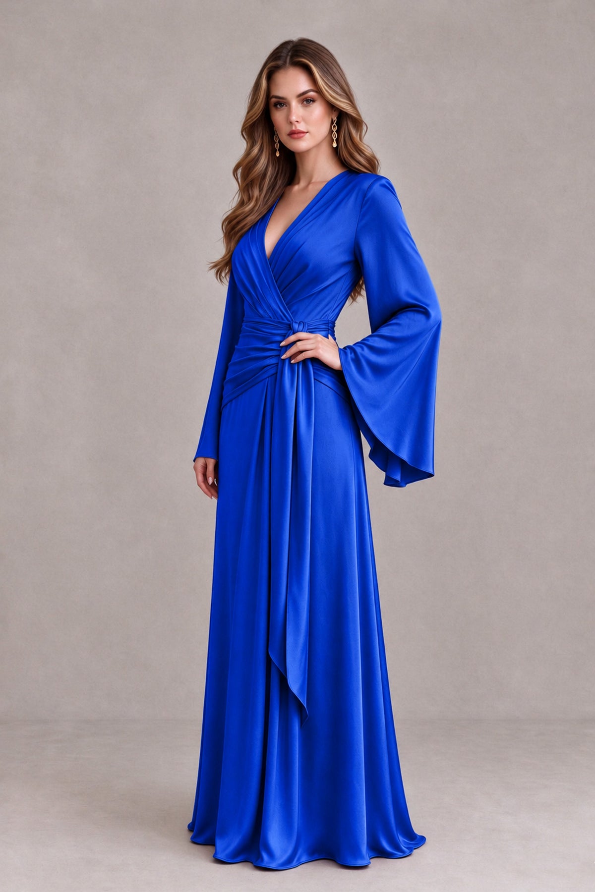 BOLODOO Royal Blue Yellow Satin-Look V-Neck Long Bell Sleeve Evening Dress - Royal Blue - Royal_Blue_3