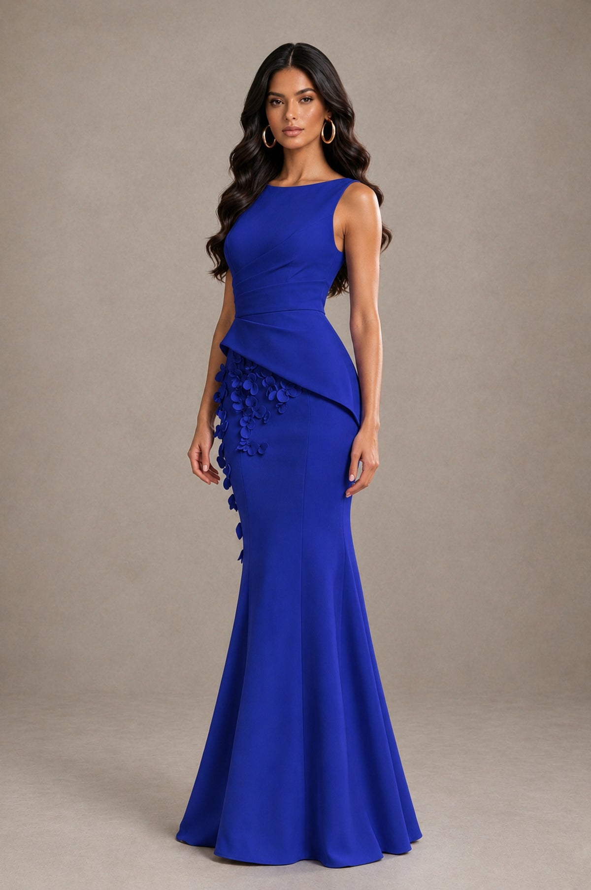 BOLODOO Royal Blue Bateau Neck Sleeveless Asymmetric Peplum 3D Petal Appliqué Mermaid Gown BD0421 - Royal Blue - Royal Blue_3