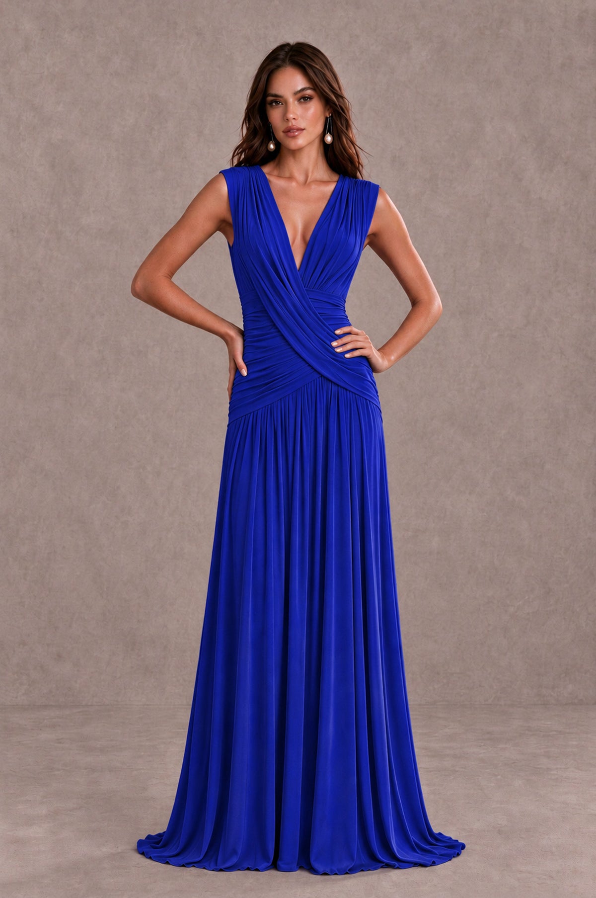 BOLODOO Royal Blue V-Neck Ruched Wedding Guest Dress - Royal Blue - Royal Blue_3