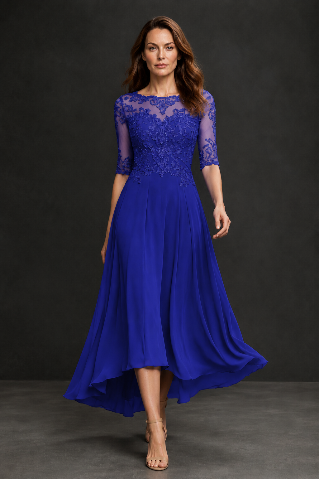 BOLODOO Royal Blue Illusion Lace 3/4 Sleeve Hi-Lo Chiffon A-Line Dress | Mother of the Bride Tea Length Dress - Royal Blue