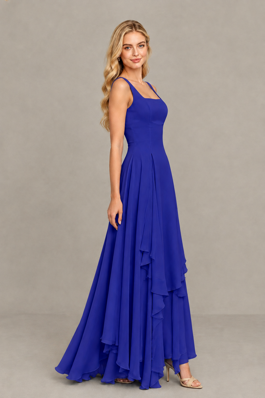 BOLODOO Royal Blue Square Neck Chiffon Bridesmaid Dress with Lace-Up Back - Royal Blue