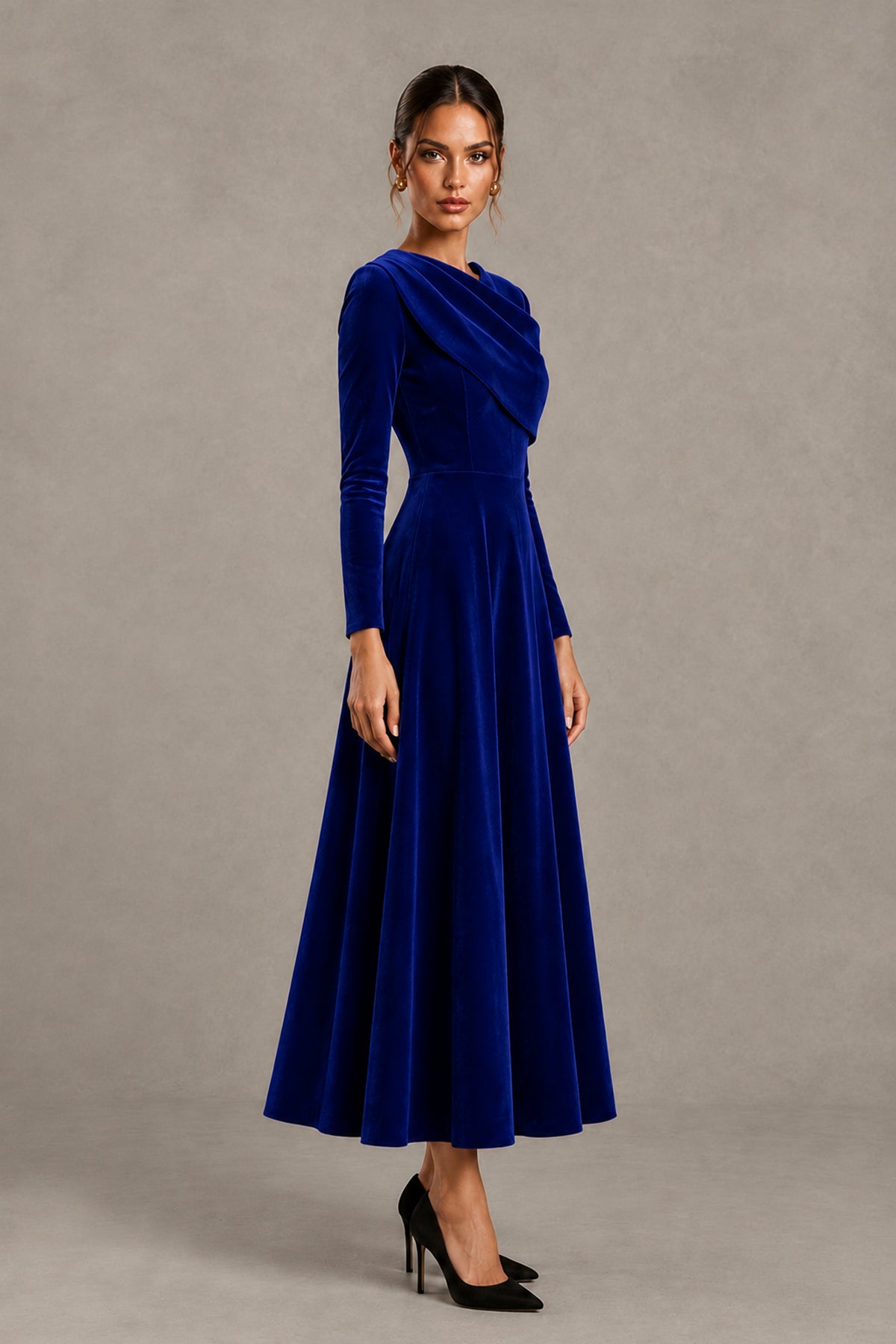 BOLODOO Royal Blue Velvet-Look Long Sleeve Tea-Length A-Line Dress with Draped Neckline - Royal Blue - Royal Blue_3