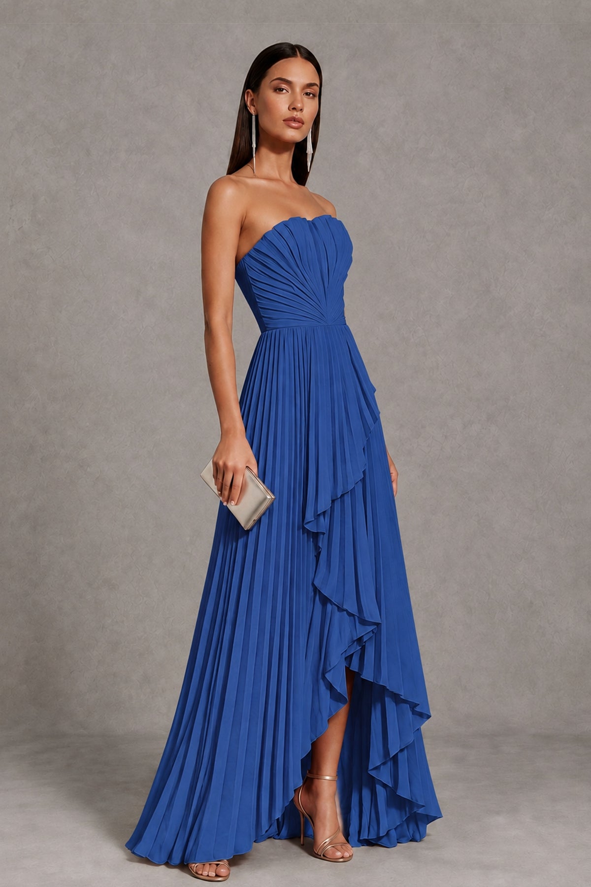 Royal Blue Strapless Pleated High-Low Evening Gown with Ruffle Hem - Royal Blue