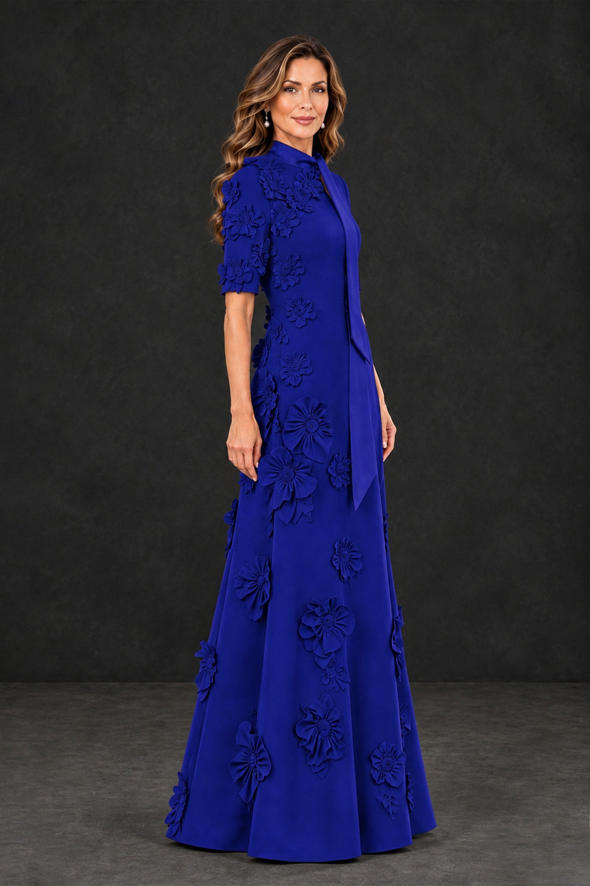 BOLODOO Royal Blue Floral Applique High-Neck Half-Sleeve Gown - Royal Blue - Royal Blue_3