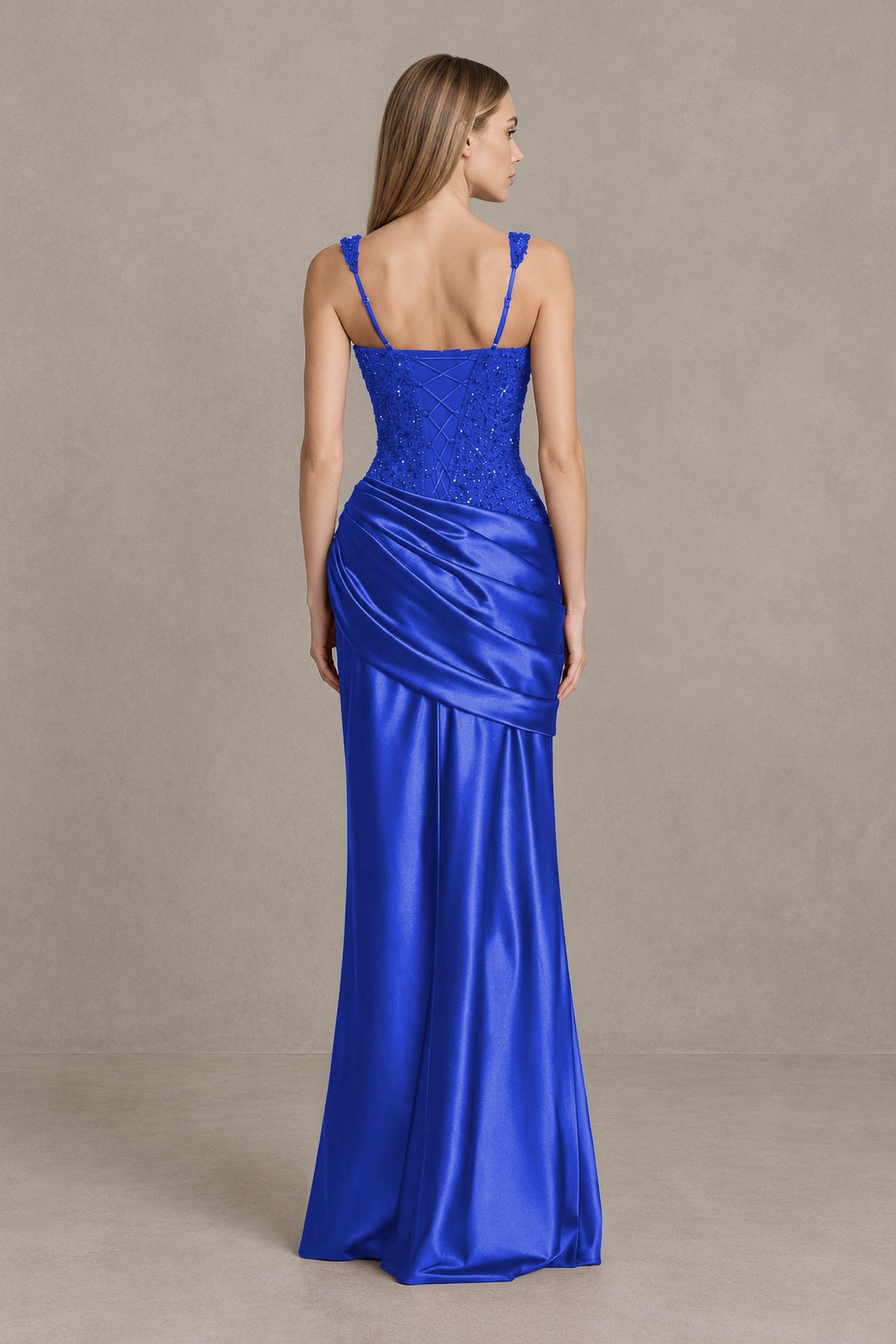 BOLODOO Royal Blue Square Neck Embellished Satin Evening Gown - Royal Blue