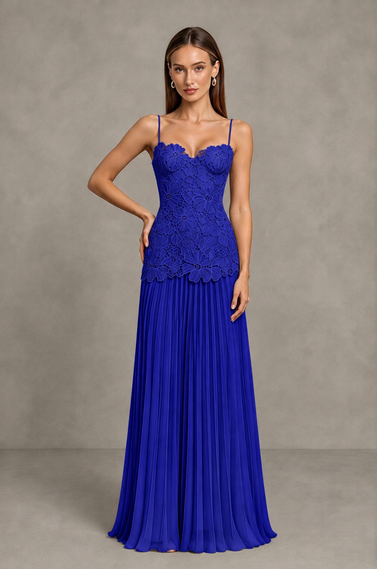 BOLODOO Royal Blue Lace Bodice Pleated Wedding Guest Dress - Royal Blue - Royal Blue_3