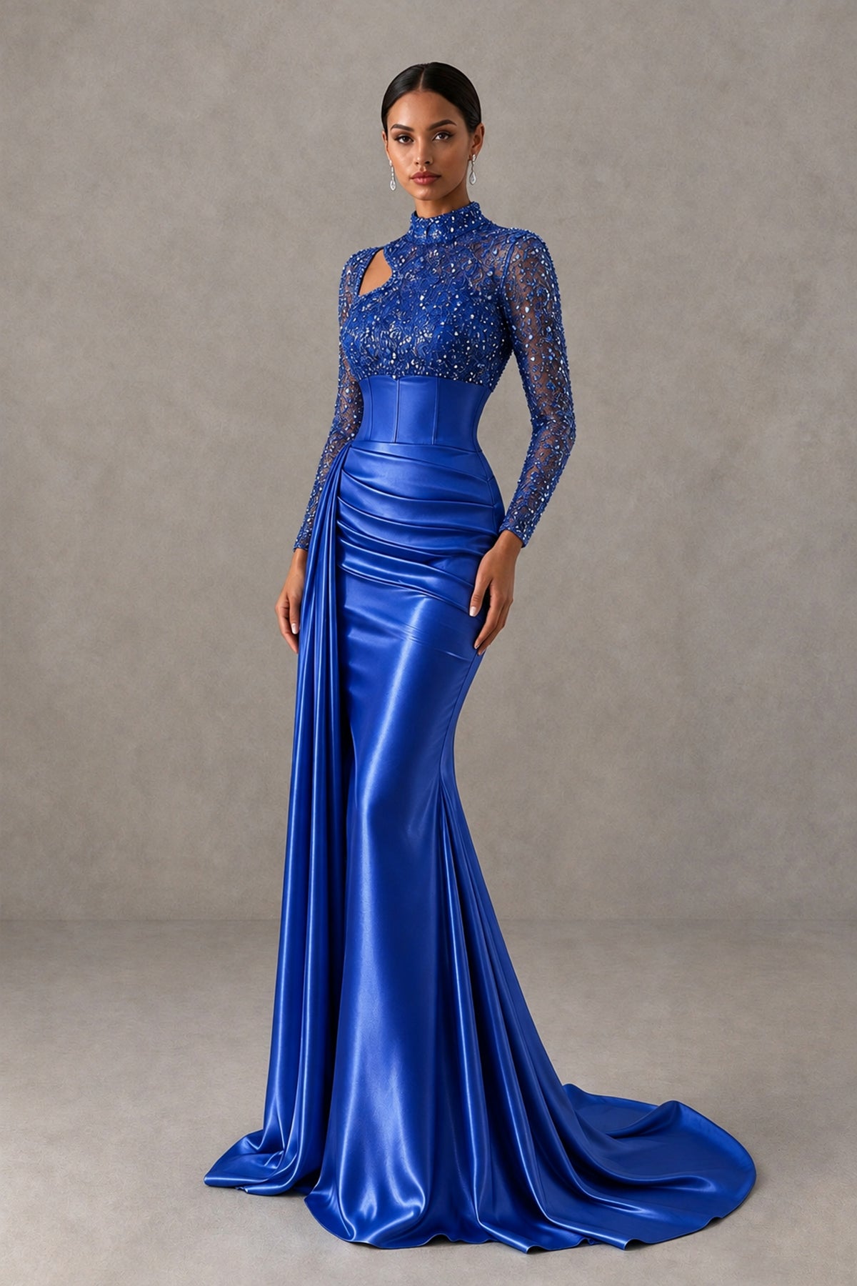 BOLODOO Royal Blue Long Sleeve Embellished Satin Mermaid Evening Gown - Royal Blue - Royal Blue_3